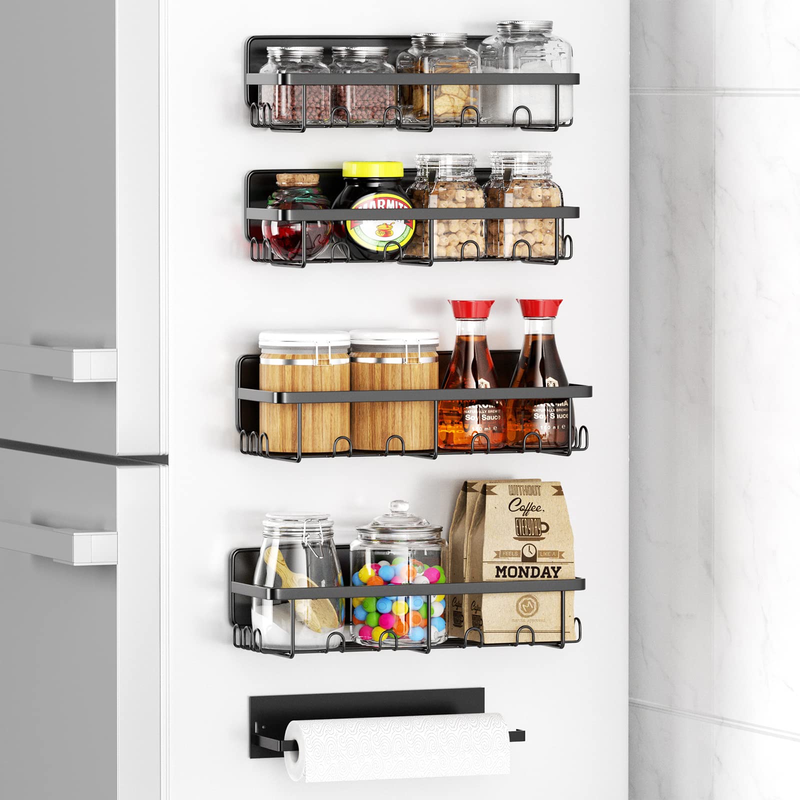 Magnetic Spice Rack for Refrigerator, Magnetic Shelf with Paper Towel Holder, Moveable Kitchen Refrigerator Seasoning Storage Rack Fridge Magnet Organizer, Kitchen Gadgets for Refrigerator, Microwave