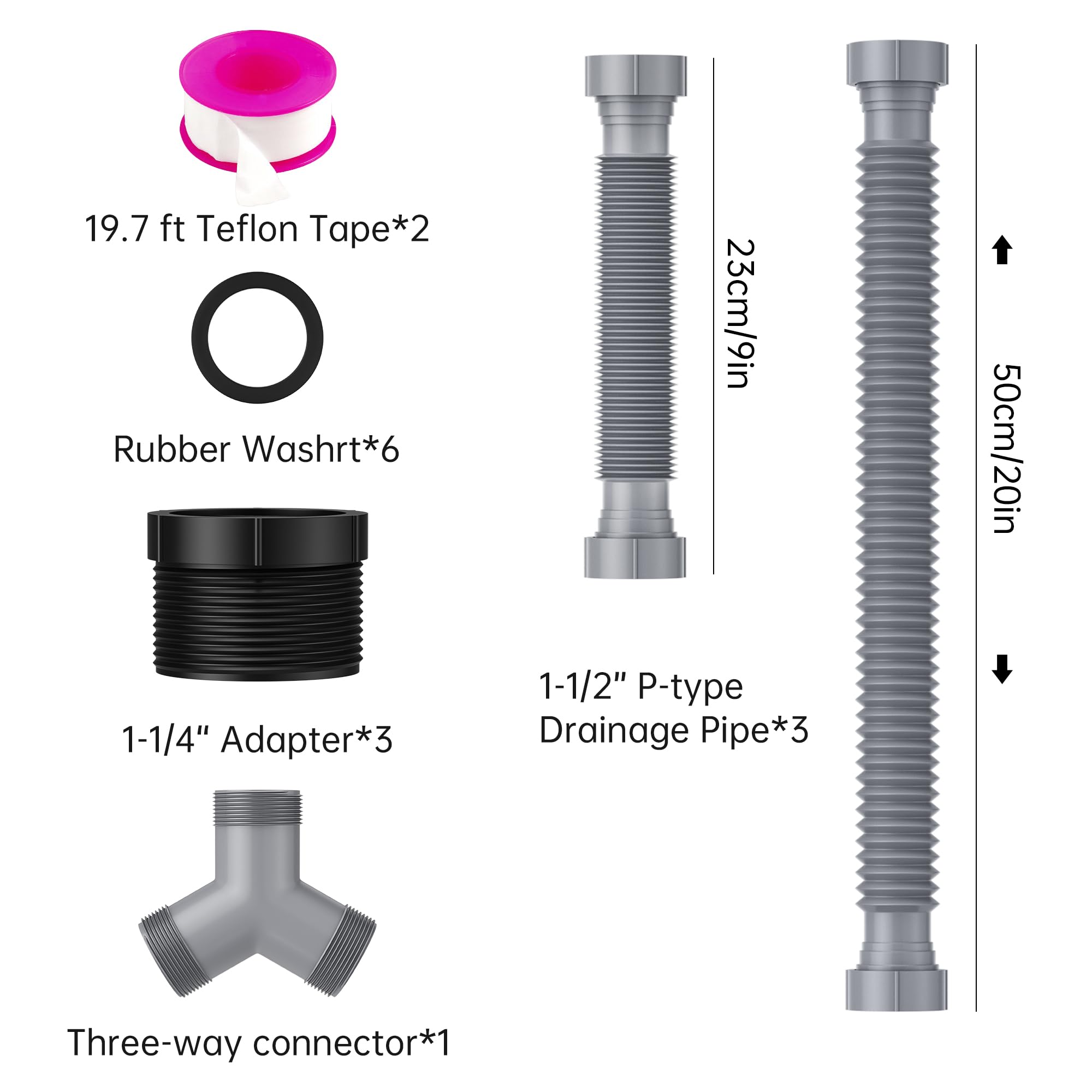 SAINT NIEVE Flexible Expandable P-Trap Kit for Double Kitchen Sink Drain - Fits 1 1/2" or 1 1/4" Pipes-Complete with Sealing Ring, Tape, and Tubing - Perfect for Kitchen, Bathroom, and Restroom Use