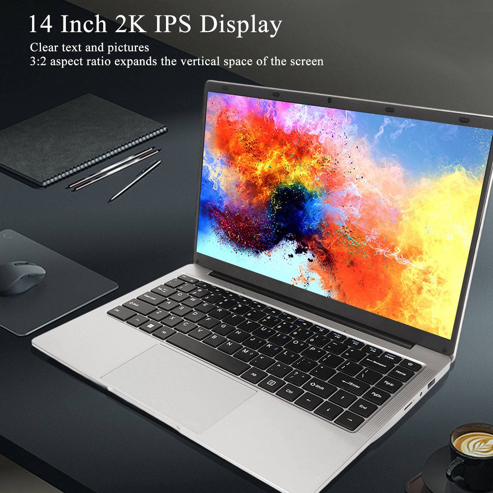 Acogedor 14 Inch 2K Resolution IPS Display Laptop, 6GB RAM and 512GB SSD, Built in Dual Stereo Speakers, High Performance Microphone, Notebook PC for Windows 11