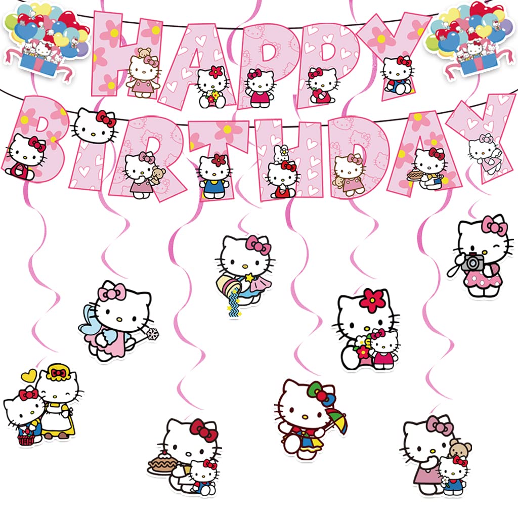 Kitty Birthday Party Supplies Banner and 8*Hanging Swirls for Kitty Birthday Decorations, Kids Boys and Girls for Birthday Party Decorations Happy Theme.