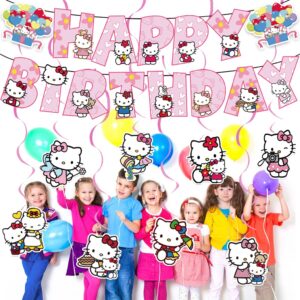 Kitty Birthday Party Supplies Banner and 8*Hanging Swirls for Kitty Birthday Decorations, Kids Boys and Girls for Birthday Party Decorations Happy Theme.