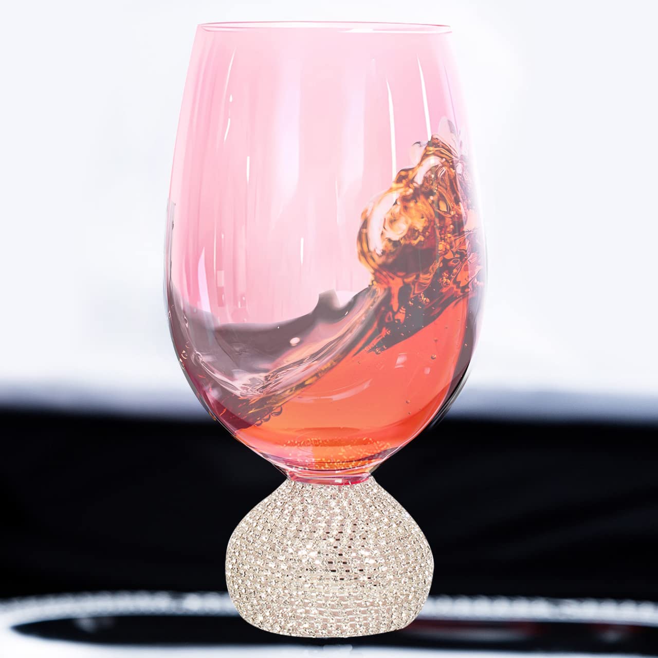 Skoxkoc Unique Red Wine Glass - Stemless Wine Glasses with Crushed Diamond,Hand Made Wine Gifts for Women Wedding Birthday Anniversary 15 fl oz (Pink)