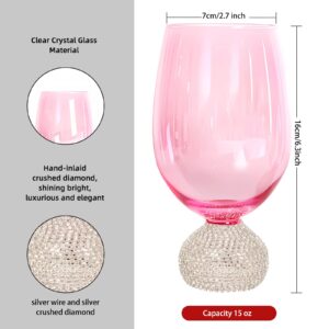 Skoxkoc Unique Red Wine Glass - Stemless Wine Glasses with Crushed Diamond,Hand Made Wine Gifts for Women Wedding Birthday Anniversary 15 fl oz (Pink)