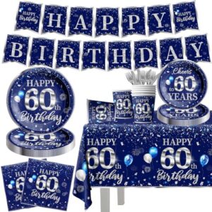 142 pcs 60th birthday tableware set decorations sliver and blue 60th happy birthday party supplies for men women birthday tablecloth,plates, napkins, cups,forks and knives