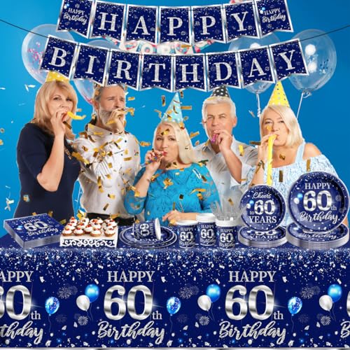 142 Pcs 60th Birthday Tableware Set Decorations Sliver and Blue 60th Happy Birthday Party Supplies for Men Women Birthday Tablecloth,Plates, Napkins, Cups,Forks and Knives