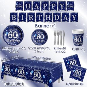 142 Pcs 60th Birthday Tableware Set Decorations Sliver and Blue 60th Happy Birthday Party Supplies for Men Women Birthday Tablecloth,Plates, Napkins, Cups,Forks and Knives