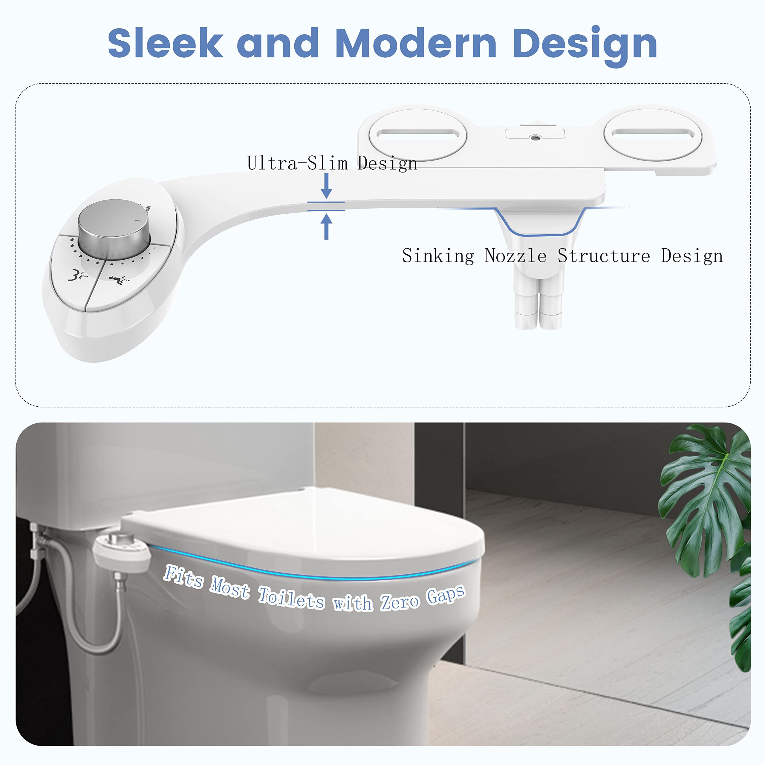 Aresmata Ultra-Slim Bidet Attachment for Toilet - Effortless Non-Electric Self-Cleaning Dual Retractable Nozzles Bidets Toilet Seat, Adjustable Water Pressure Fresh Water Sprayer Baday