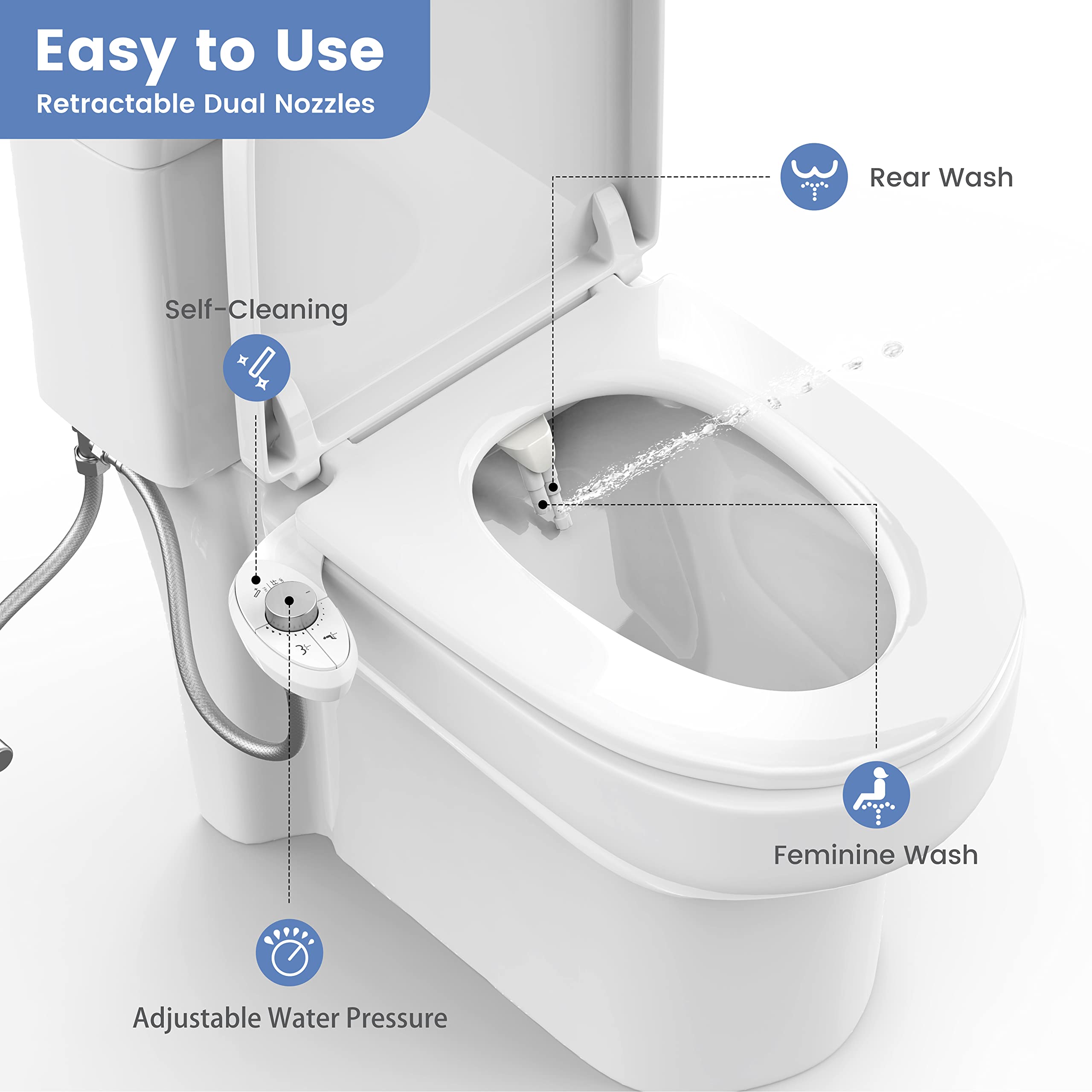 Aresmata Ultra-Slim Bidet Attachment for Toilet - Effortless Non-Electric Self-Cleaning Dual Retractable Nozzles Bidets Toilet Seat, Adjustable Water Pressure Fresh Water Sprayer Baday