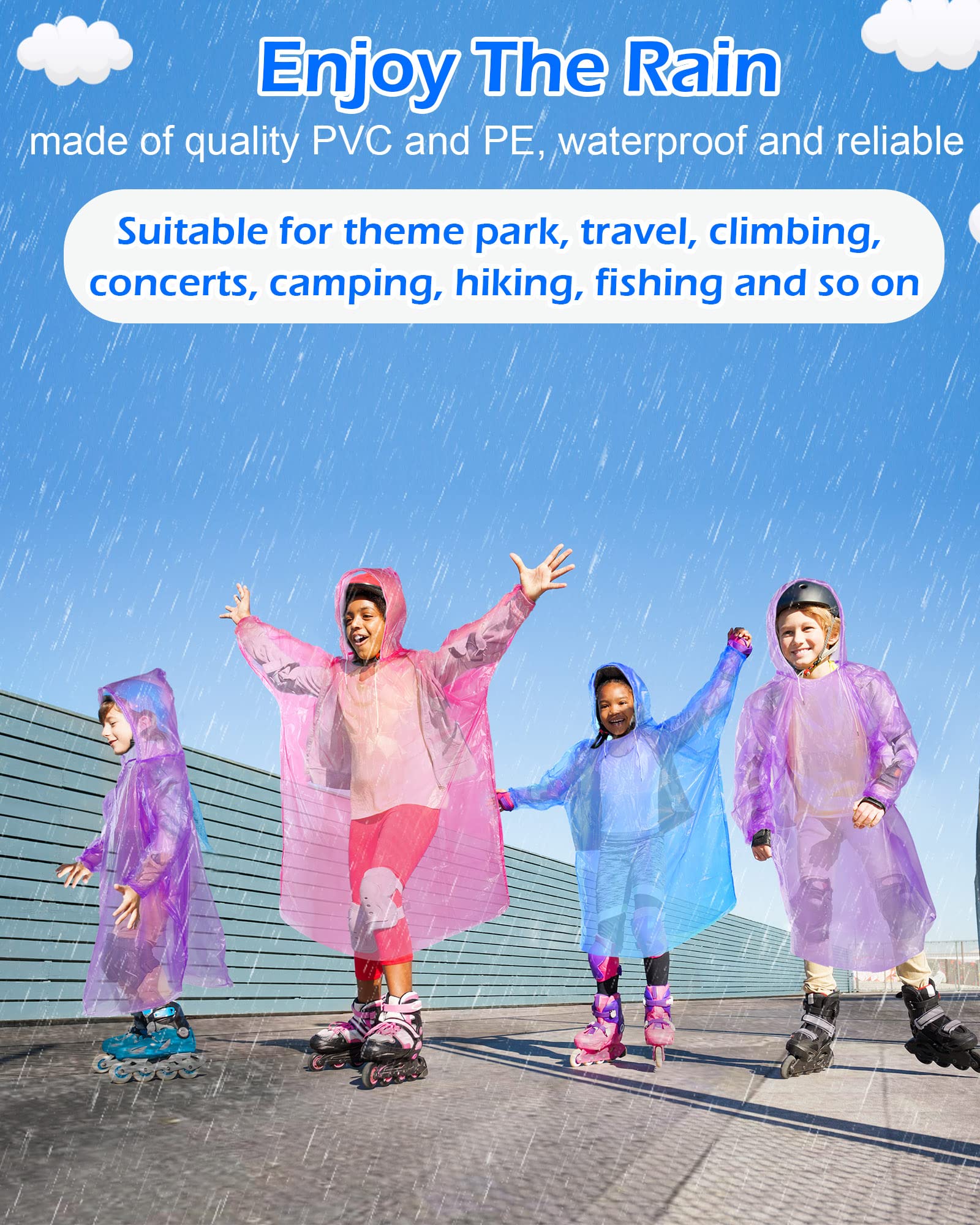 30 Pcs Kids Rain Ponchos Bulk Disposable Rain Ponchos for Kids Emergency Ponchos Disposable Ponchos Pack (Pink, Purple, Blue)