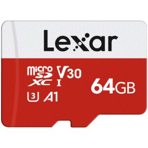 lexar e-series 64gb micro sd card, microsdxc uhs-i flash memory card with adapter, 100mb/s, c10, u3, a1, v30, full hd, 4k uhd, high speed tf card