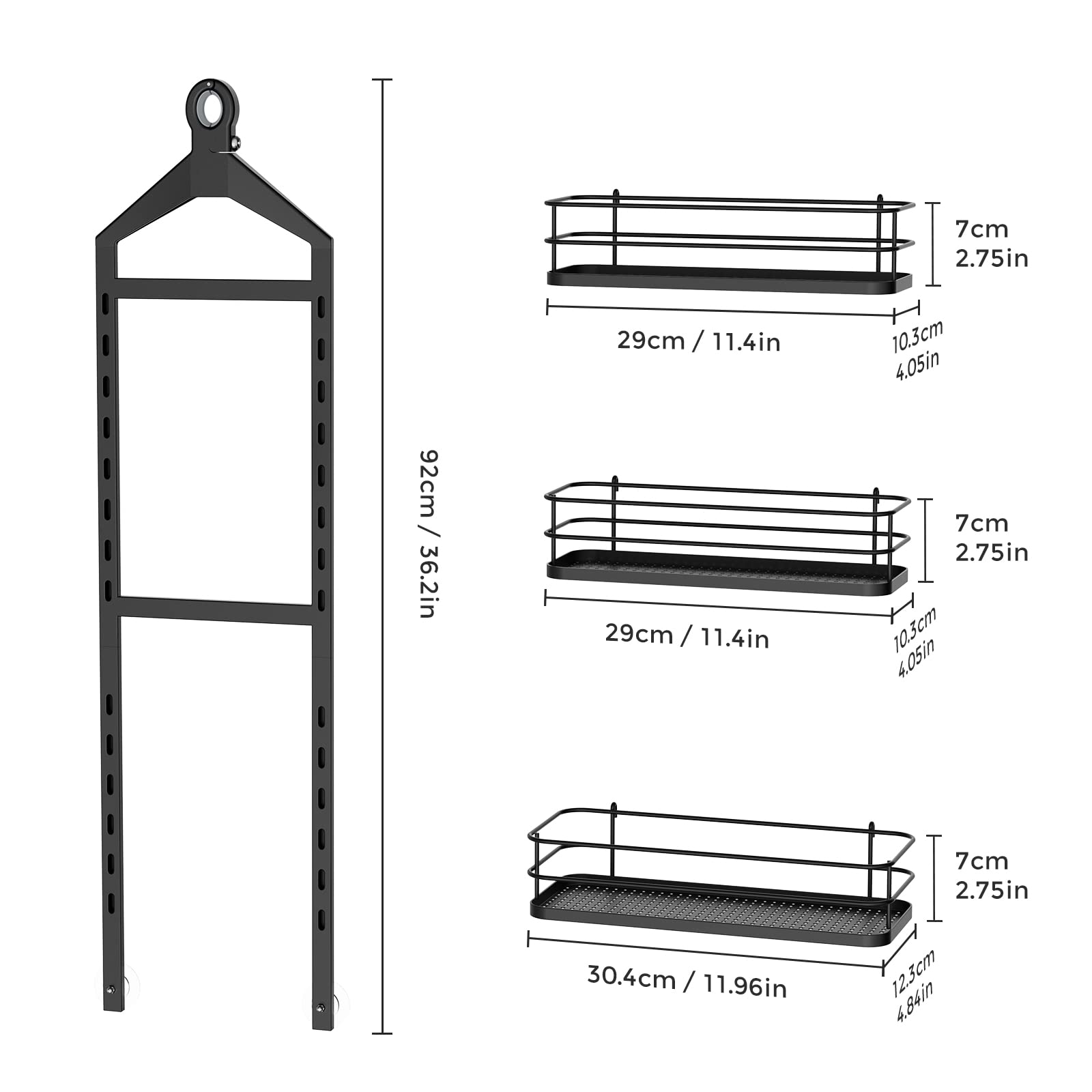 ODesign Shower Caddy Organizer Over Head Anti-Swing Hanging Bathroom Shelves Basket Rack Rustproof (Black, 11.9" x 4.84" x 36.2")