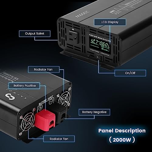 KAUWOX 12V 2000W Solar&Wind Power Pure Sine Wave Inverter, 4000W Peak Power 12V DC to 120V AC Converter for Home, RV, Truck, Off-Grid Solar Power Inverter