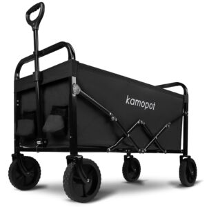 kamopot collapsible wagon cart,folding wagon for grocery,foldable beach wagon.utility shopping cart on wheels.220lb heavy duty w/cupholders & diy wheels (black)