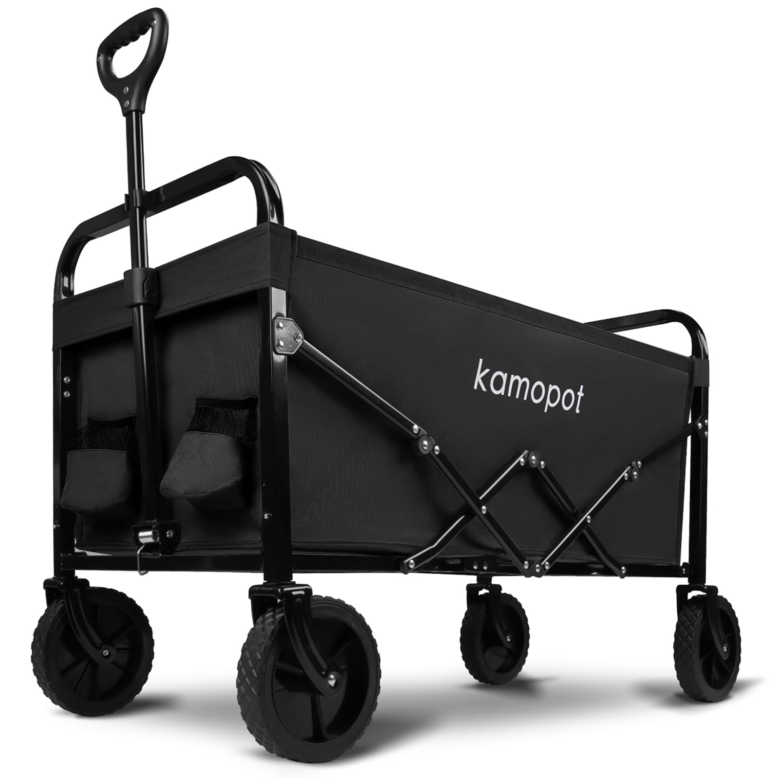 Kamopot Collapsible Wagon Cart,Folding Wagon for Grocery,Foldable Beach Wagon.Utility Shopping Cart on Wheels.220lb Heavy Duty w/Cupholders & DIY Wheels (Black)