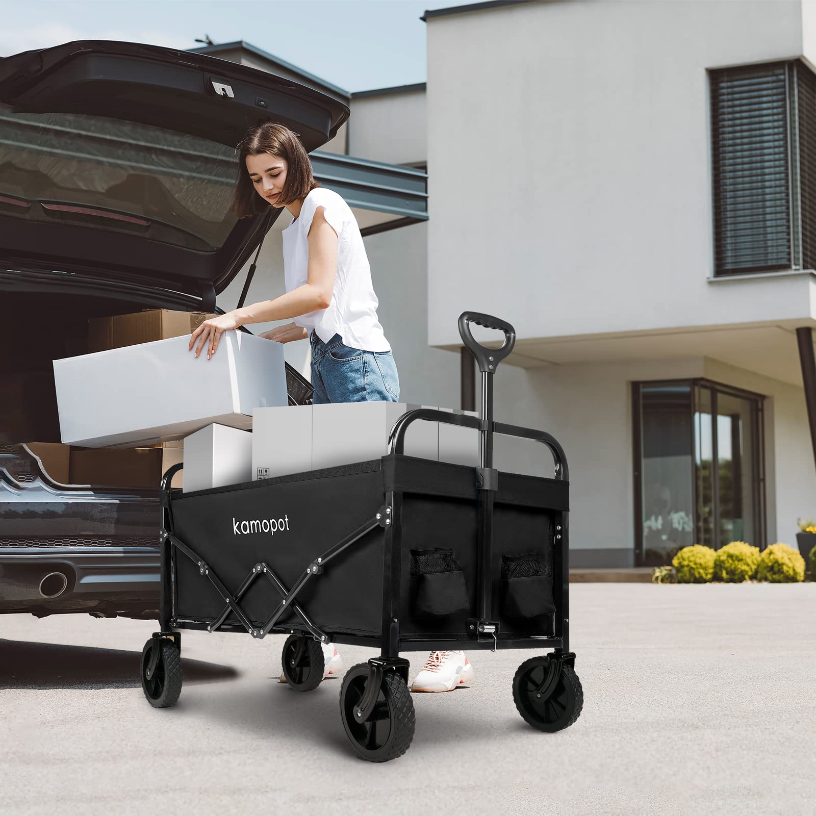 Kamopot Collapsible Wagon Cart,Folding Wagon for Grocery,Foldable Beach Wagon.Utility Shopping Cart on Wheels.220lb Heavy Duty w/Cupholders & DIY Wheels (Black)