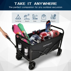 Kamopot Collapsible Wagon Cart,Folding Wagon for Grocery,Foldable Beach Wagon.Utility Shopping Cart on Wheels.220lb Heavy Duty w/Cupholders & DIY Wheels (Black)