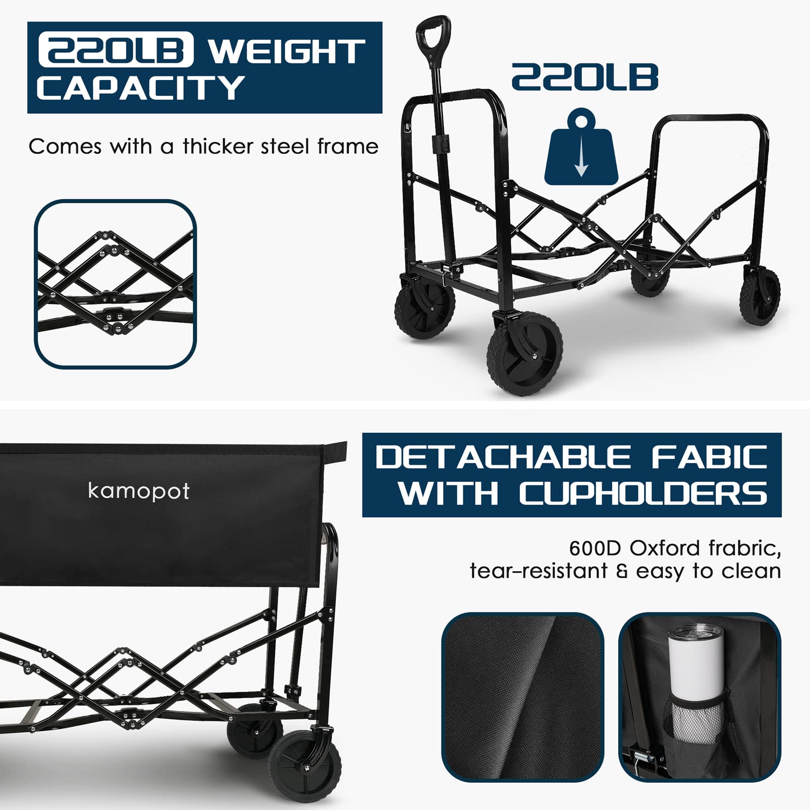 Kamopot Collapsible Wagon Cart,Folding Wagon for Grocery,Foldable Beach Wagon.Utility Shopping Cart on Wheels.220lb Heavy Duty w/Cupholders & DIY Wheels (Black)
