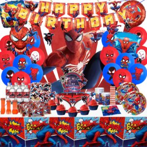 birthday party supplies,186pcs spider theme style party decorations include happy birthday banner,backdrop,tableware set,tablecover,cake toppers,cupcake toppers,latex balloons set,bottle labels,chocolate stickers