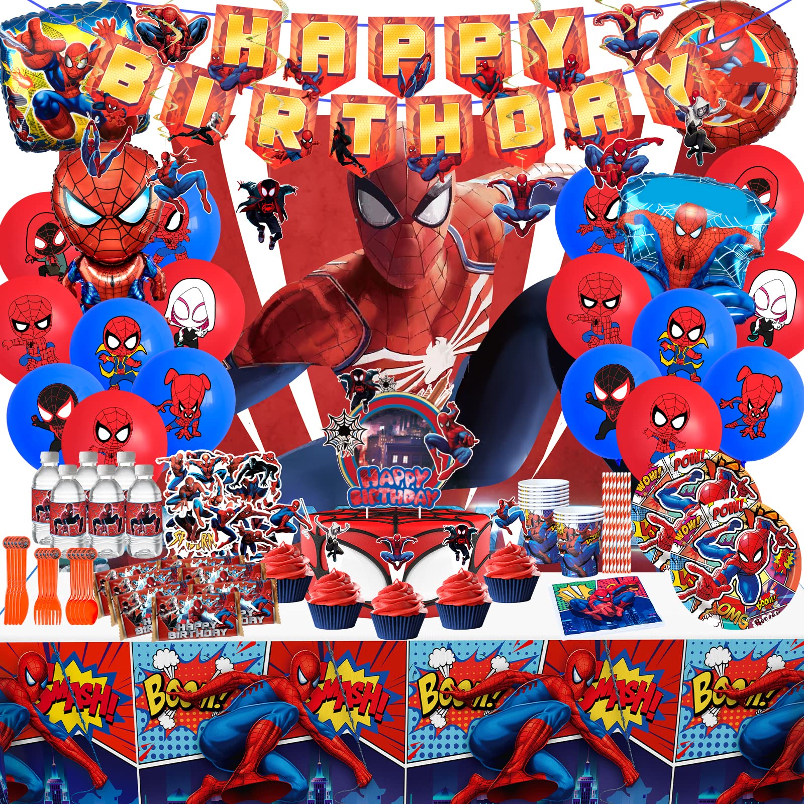 Birthday Party Supplies,186pcs Spider Theme Style Party Decorations Include Happy Birthday Banner,Backdrop,Tableware Set,Tablecover,Cake Toppers,Cupcake Toppers,Latex Balloons Set,Bottle Labels,Chocolate Stickers