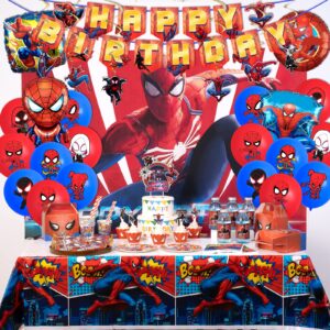 Birthday Party Supplies,186pcs Spider Theme Style Party Decorations Include Happy Birthday Banner,Backdrop,Tableware Set,Tablecover,Cake Toppers,Cupcake Toppers,Latex Balloons Set,Bottle Labels,Chocolate Stickers