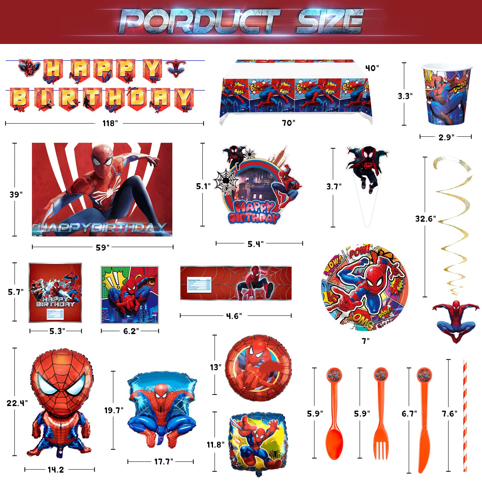 Birthday Party Supplies,186pcs Spider Theme Style Party Decorations Include Happy Birthday Banner,Backdrop,Tableware Set,Tablecover,Cake Toppers,Cupcake Toppers,Latex Balloons Set,Bottle Labels,Chocolate Stickers
