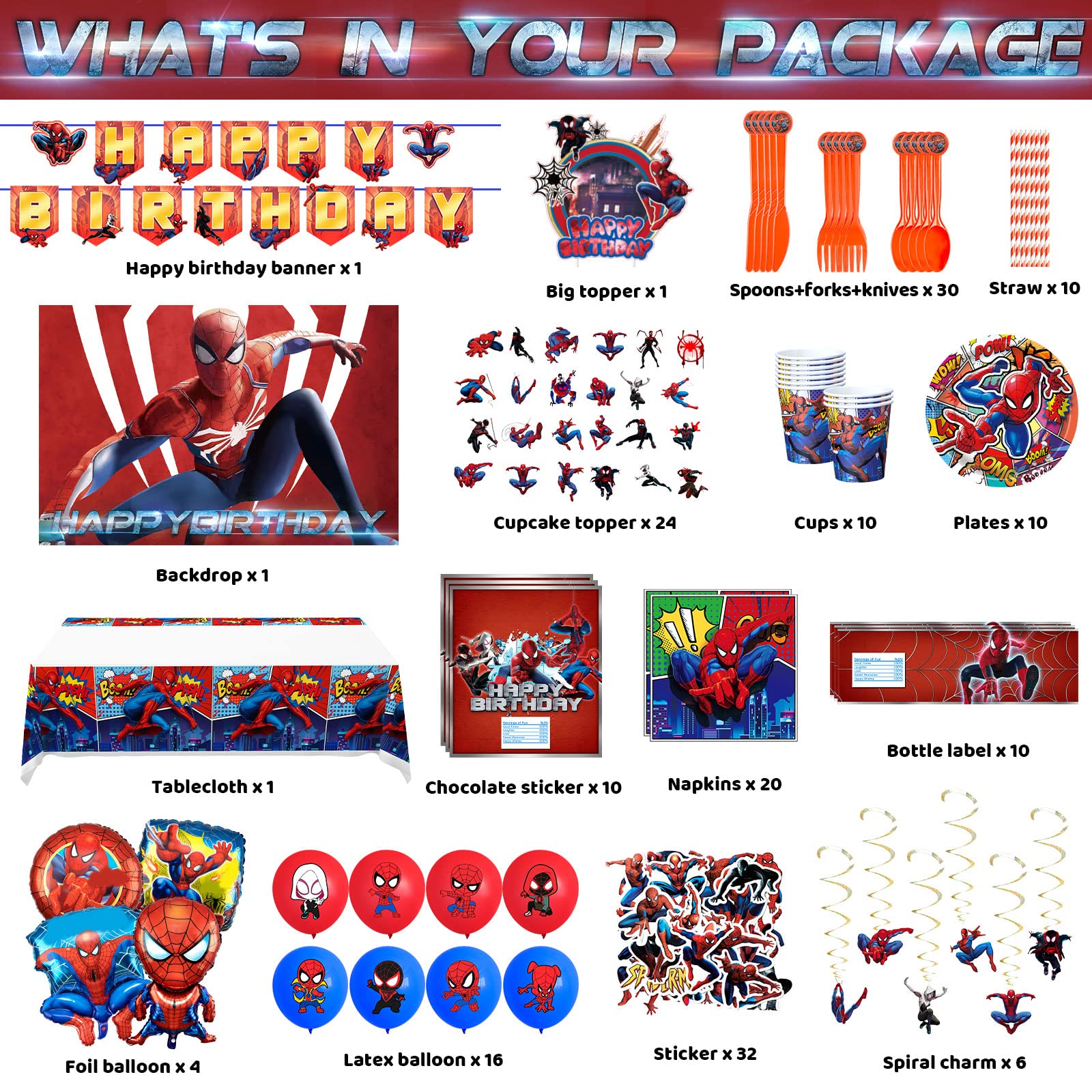 Birthday Party Supplies,186pcs Spider Theme Style Party Decorations Include Happy Birthday Banner,Backdrop,Tableware Set,Tablecover,Cake Toppers,Cupcake Toppers,Latex Balloons Set,Bottle Labels,Chocolate Stickers