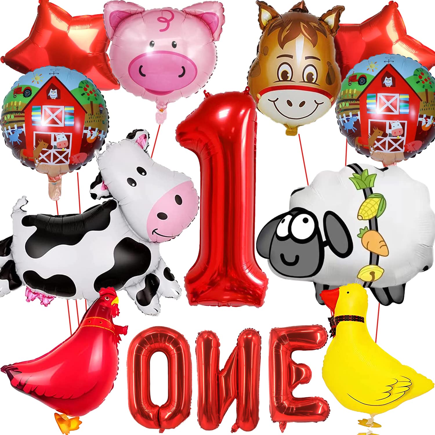 14 PCS Farm Animal Balloons Cow Sheep Duck Rooster Pig Donkey Balloons Barnyard Balloon Supplies with Large Number 1 Foil Balloon for Farm Animal Theme 1st Birthday Party Decor Supplies