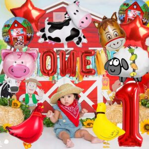 14 PCS Farm Animal Balloons Cow Sheep Duck Rooster Pig Donkey Balloons Barnyard Balloon Supplies with Large Number 1 Foil Balloon for Farm Animal Theme 1st Birthday Party Decor Supplies