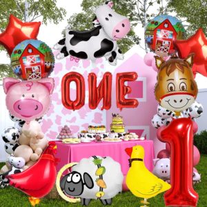 14 PCS Farm Animal Balloons Cow Sheep Duck Rooster Pig Donkey Balloons Barnyard Balloon Supplies with Large Number 1 Foil Balloon for Farm Animal Theme 1st Birthday Party Decor Supplies