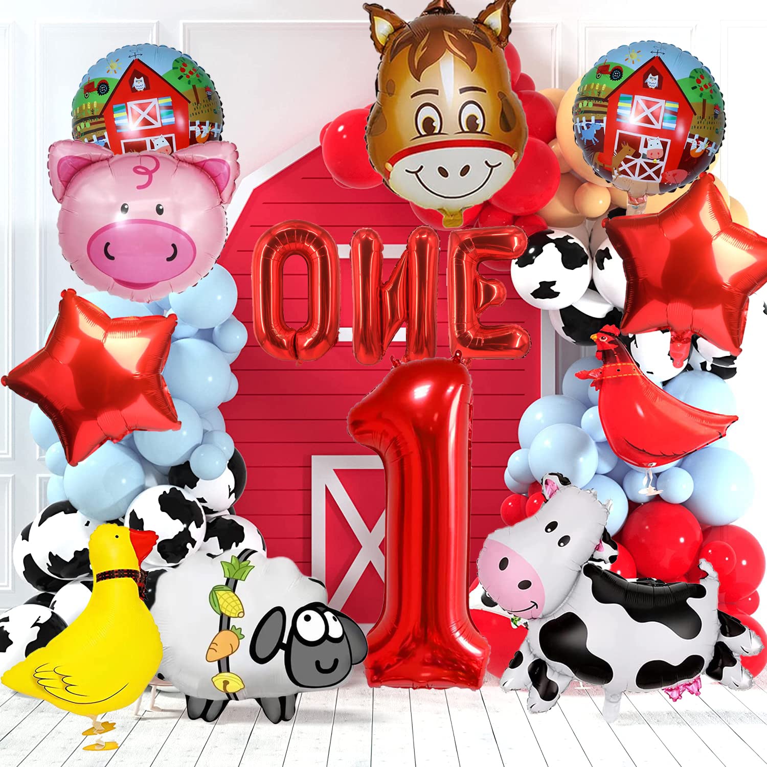 14 PCS Farm Animal Balloons Cow Sheep Duck Rooster Pig Donkey Balloons Barnyard Balloon Supplies with Large Number 1 Foil Balloon for Farm Animal Theme 1st Birthday Party Decor Supplies