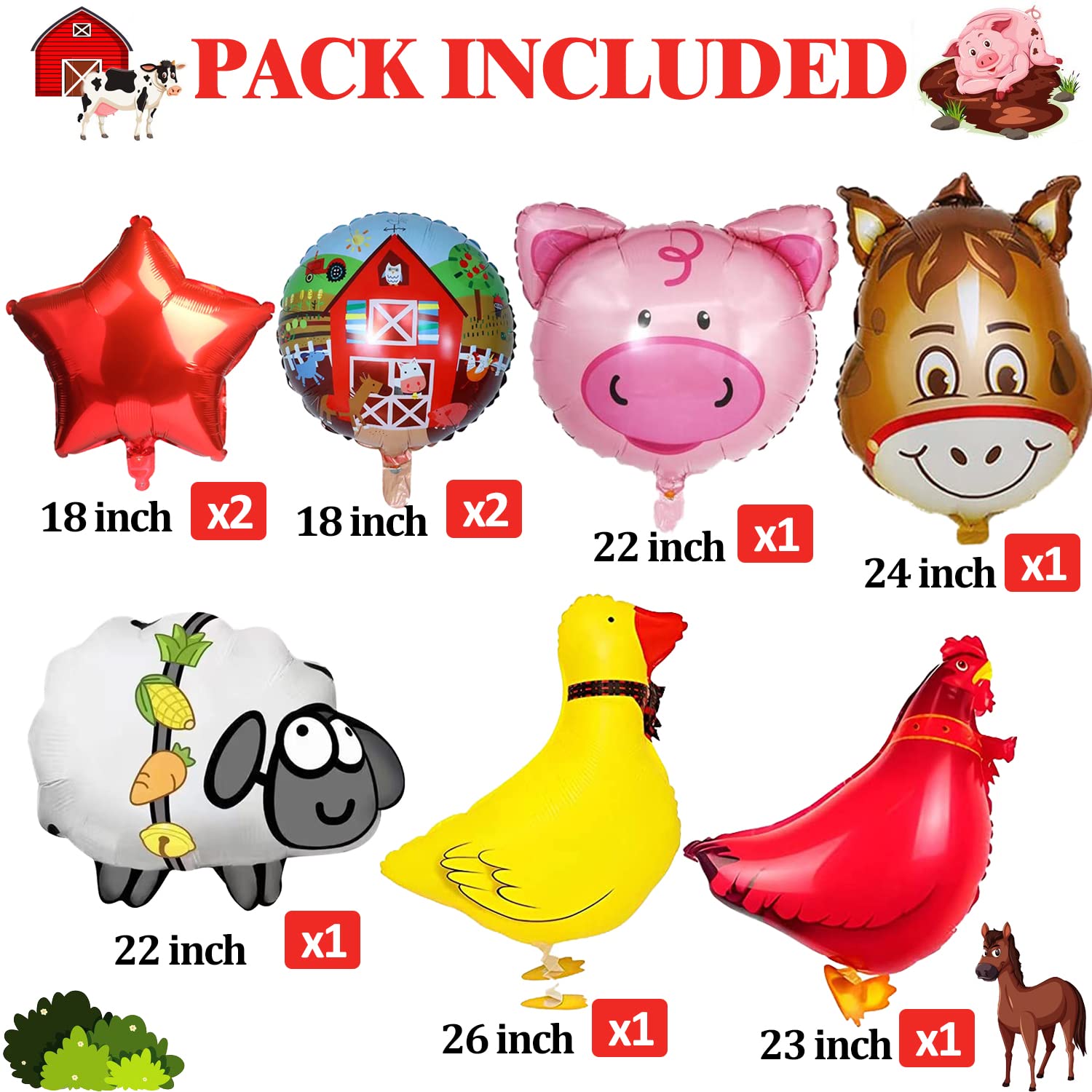 14 PCS Farm Animal Balloons Cow Sheep Duck Rooster Pig Donkey Balloons Barnyard Balloon Supplies with Large Number 1 Foil Balloon for Farm Animal Theme 1st Birthday Party Decor Supplies