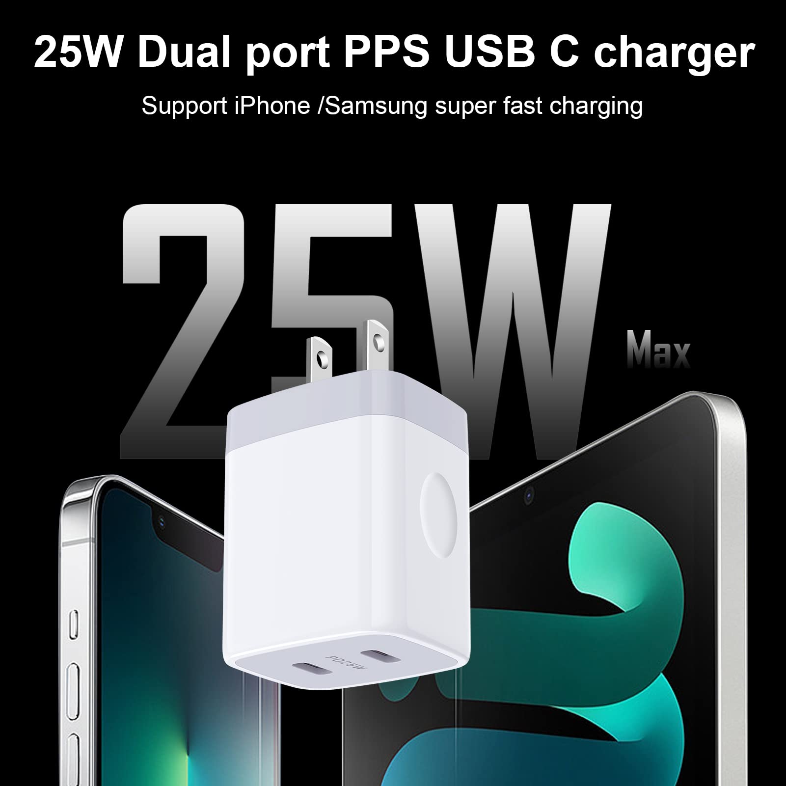 25W Type C Charger Block, USB C Cube Dual Port USB C Wall Adapter C Wall Charger Box Fast Charging Brick for Samsung A15 5G/S24 Ultra/S23/S22FE/S21/A03s/A53, iPhone 15/14/13/12/11/SE/X,Pixel 8 Pro