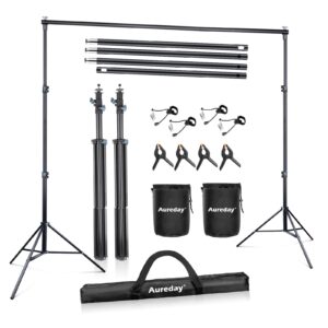 aureday backdrop stand, 10x10ft adjustable photo backdrop stand kit with 4 crossbars, 6 spring clamps, 6 background clamps, 2 weight bags and carrying bag for parties/wedding/photography/decoration