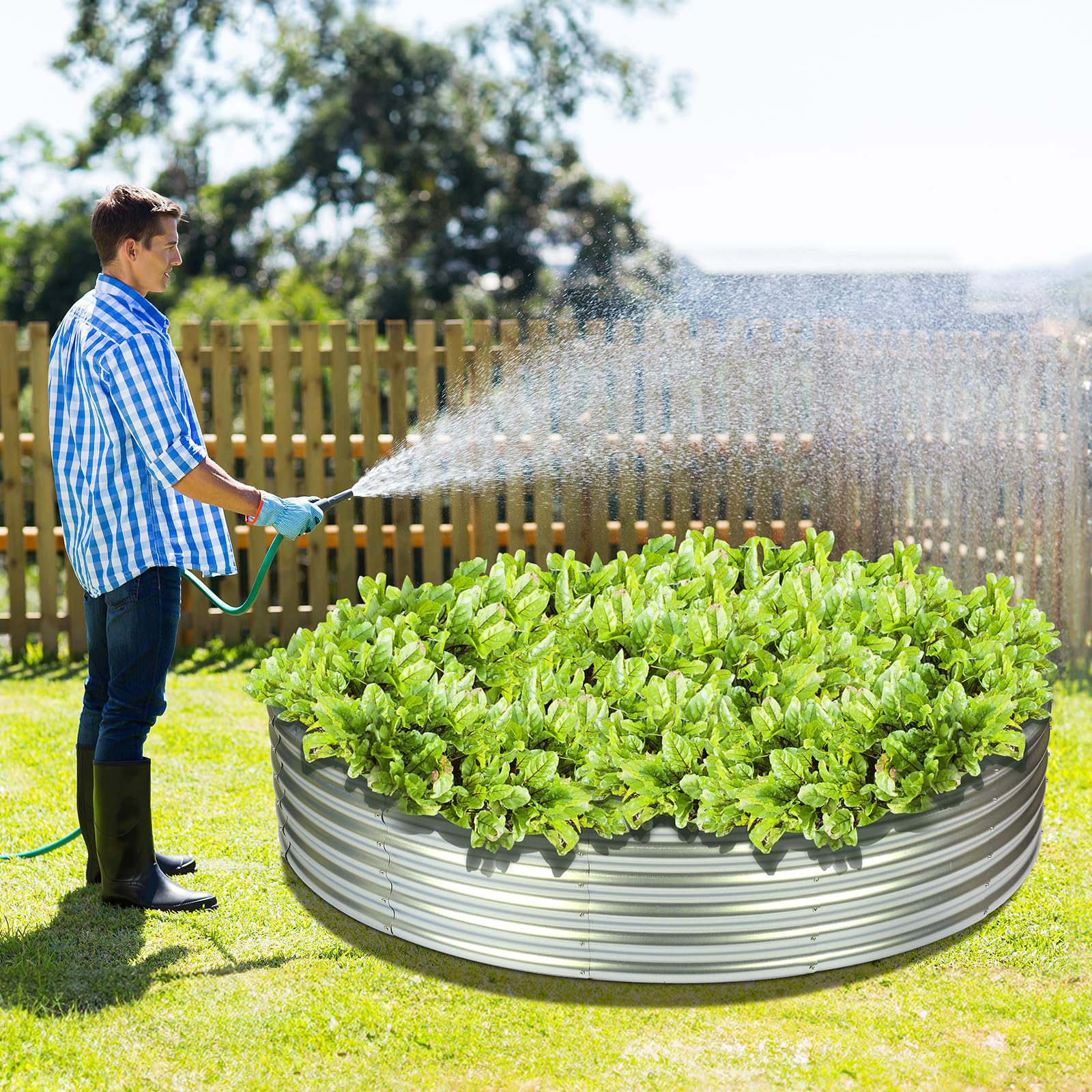 OUSHENG Round Galvanized Raised Garden Beds Outdoor, Steel Fire Pit Ring Flower Planter Metal Above Ground Boxes Kit for Gardening Vegetables Outside, 2×2×1ft