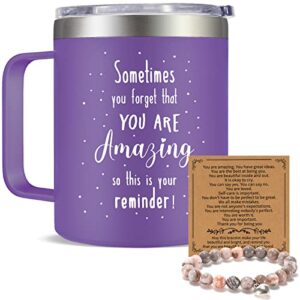 inspirational mug for women, encouragement cheer up gift, motivation gifts for daughter wife friend girlfriend birthday, purple gift, 12oz coffee mug and natural stone bracelets set