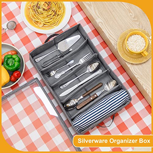 Roshtia 2 Pcs Silverware Storage Box Chest with 5 Adjustable Dividers and Removable Lid Flatware Storage Case Cutlery Storage Holder with Handles Dinnerware Storage Containers for Organizing Cutlery