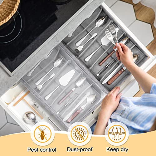 Roshtia 2 Pcs Silverware Storage Box Chest with 5 Adjustable Dividers and Removable Lid Flatware Storage Case Cutlery Storage Holder with Handles Dinnerware Storage Containers for Organizing Cutlery