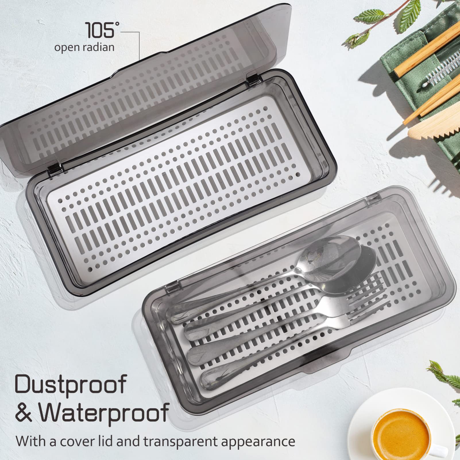 DOITOOL 3PCS Flatware Tray with Lid and Drainer, Tableware Utensil and Cutlery Drawer Organizer with Lid Covered Silverware Tray to Keeps Your Cutlery Organized and Protected