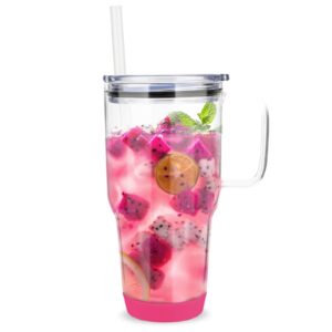 zukro 32 oz drinking glass tumbler with handle, iced coffee cup with straw and lid, reusable glass bubble tea water cup with silicone bumper, fits in cup holder, dishwasher safe, bpa free, watermelon