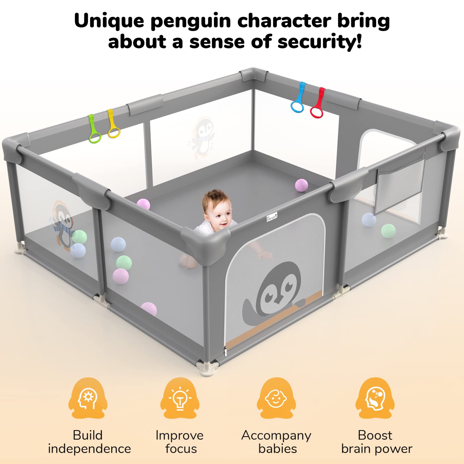 Baby Playpen for Babies and Toddlers, 71 x 59 inch Extra Large Baby Fence with Unique Little Penguin Character Design, Li'l Pengyu Soft Breathable Mesh Baby Playard for Indoor & Outdoor