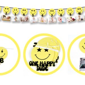 One Happy Dude Monthly Photo Banner - 1st Birthday Monthly Banner Baby Boy 12 Month Photo Display Milestone Photography Bunting Garland for Hippie Groovy One 1 Year Old First Birthday Party