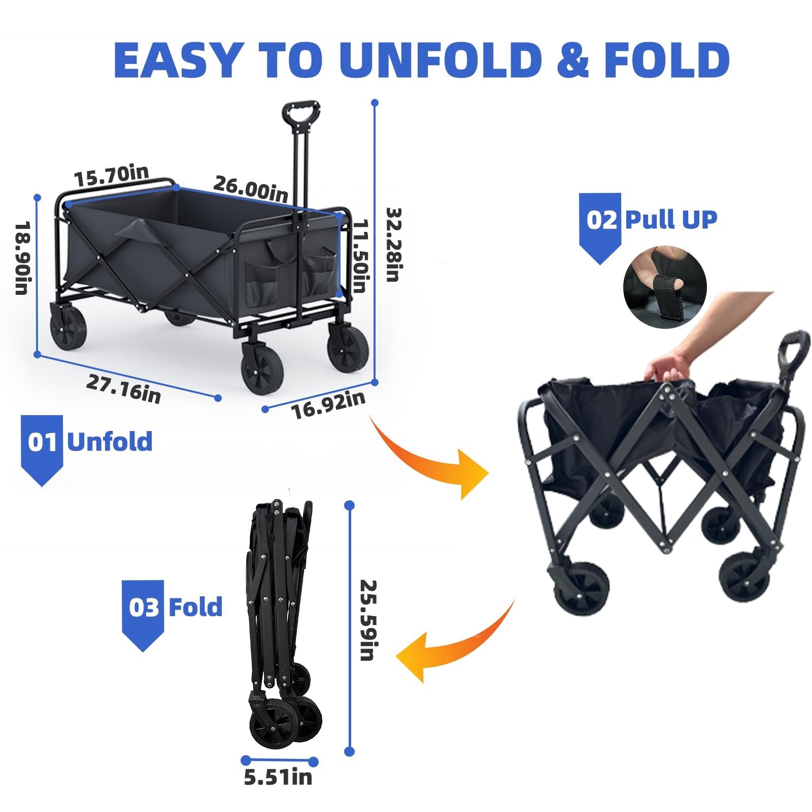 Collapsible Wagon Folding Cart, Foldable Heavy Duty Beach Wagon Cart with Brakes 360°Swivel Big Front Wheels for All Terrain, Utility Grocery Wagon with 400lbs Large Capacity for Garden Fishing