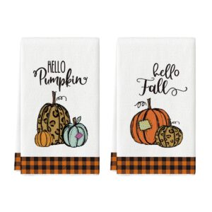 artoid mode black white buffalo plaid hello pumpkin fall kitchen towels dish towels, 18x26 inch seasonal decoration hand towels set of 2
