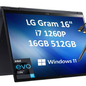 LG Gram 16T90Q 16" WQXGA 2-in-1 Touchscreen (Intel 12th Gen 12-Core i7-1260P, 16GB LPDDR5 RAM, 512GB SSD, Stylus), (2560 x 1600) Business Laptop, Thunderbolt 4, HDMI Cable, Windows 11 Home