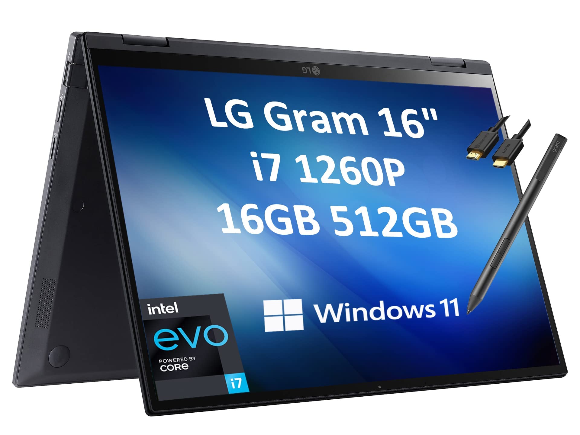 LG Gram 16T90Q 16" WQXGA 2-in-1 Touchscreen (Intel 12th Gen 12-Core i7-1260P, 16GB LPDDR5 RAM, 512GB SSD, Stylus), (2560 x 1600) Business Laptop, Thunderbolt 4, HDMI Cable, Windows 11 Home