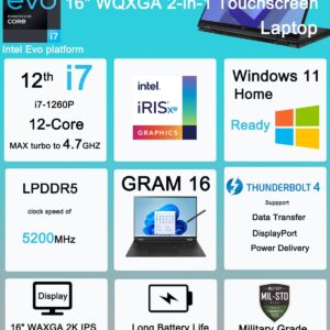 LG Gram 16T90Q 16" WQXGA 2-in-1 Touchscreen (Intel 12th Gen 12-Core i7-1260P, 16GB LPDDR5 RAM, 512GB SSD, Stylus), (2560 x 1600) Business Laptop, Thunderbolt 4, HDMI Cable, Windows 11 Home