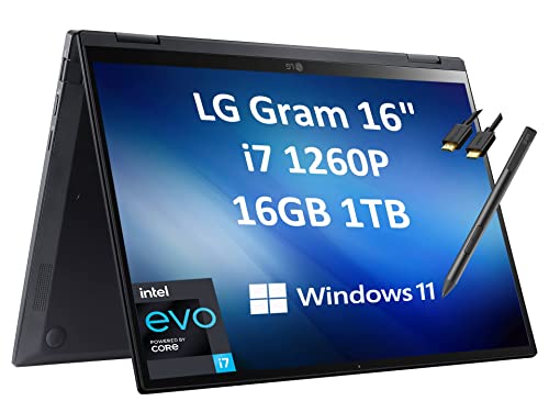 LG Gram 16T90Q 16" WQXGA 2-in-1 Touchscreen (Intel 12th Gen 12-Core i7-1260P, 16GB LPDDR5 RAM, 1TB PCIe SSD, Stylus), (2560 x 1600) Business Laptop, Thunderbolt 4, HDMI Cable, Windows 11 Pro