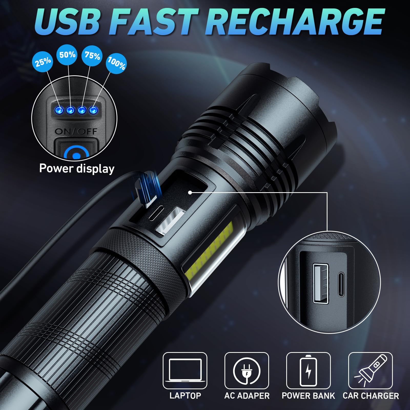 Rechargeable LED Flashlights High Lumen,990,000 Lumens Super Bright Flashlight,Powerful Flash Light 7 Modes with COB Work Light IPX7 Waterproof for Outdoor Emergency Camping Hiking