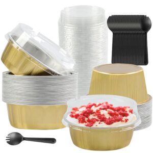 bakingpak round mini aluminum pans with lids, 30pcs 8oz individual cupcake containers cupcake liners with lids mini cake tins individual mini cake pans with lids gifts for mom wedding brithday, gold