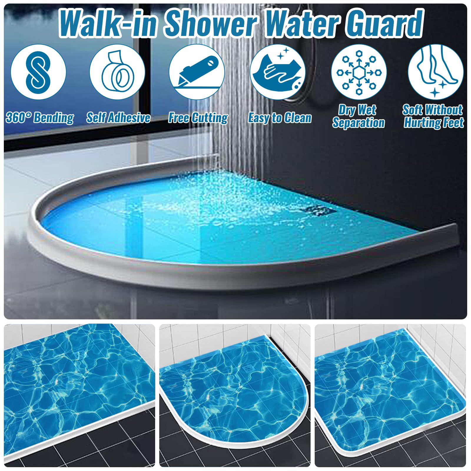 AMZKONIG 3" High Shower Threshold Water Dam 67" Long Collapsible Shower Water Splash Guard Self-adhesive Shower Barrier Bath Water Stopper To Keep Dry and Wet Separation Bathroom Kitchen (5.6Ft)